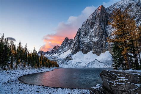 Sunrise At Floe Lake British Columbia Trees Snow Mountains Colors