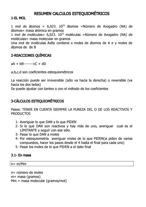 Resumen Formulas Estequiometria Resumen Calculos Mol Mol De