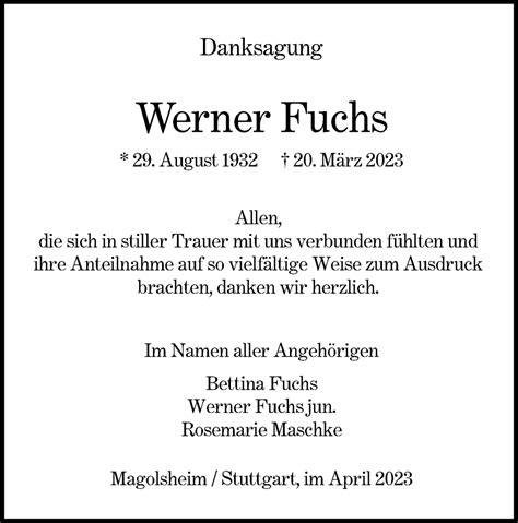 Traueranzeigen Von Werner Fuchs S Dwest Presse Trauer