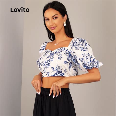 Lovito Blusa Feminina Manga Bufante Floral Elegante L D Azul