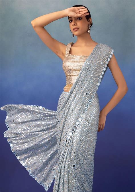 Buy Women Cool Blue Tonal Sequin And Mirror Embroidered Saree With