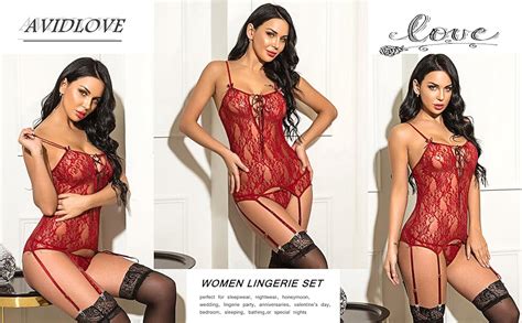 Avidlove Women Lace Bodysuit Lingerie Set Babydoll Chemise With Garter