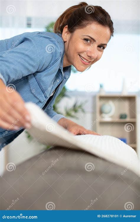 Happy Woman Tidying Messy Room Stock Image Image Of Clothing Jean