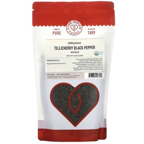 Pure Indian Foods Organic Tellicherry Black Pepper Whole 8 Oz 226