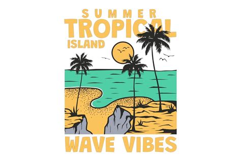 T Shirt Summer Tropical Island Wave Vibes Nature Hand Drawn Vintage