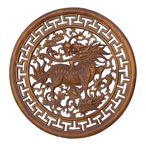 Chinese Round Wood Kirin Fengshui Wall Plaque Hanging Panel Wall