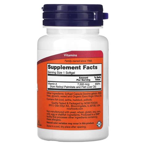 Now Foods Vitamin A 7 500 Mcg 25 000 Iu 100 Softgels