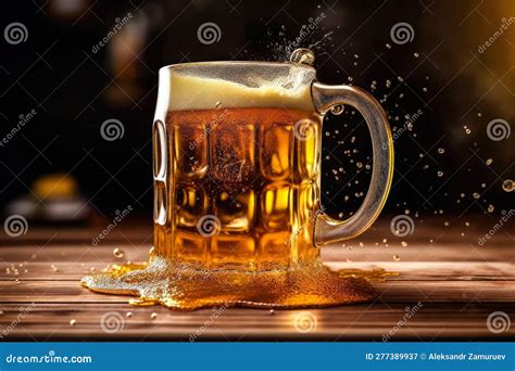 Beer Glass With White Beer Foam On A Wooden Table Background Ai