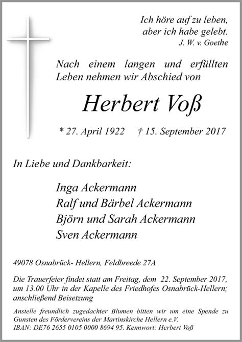 Traueranzeigen von Herbert Voß noz Trauerportal