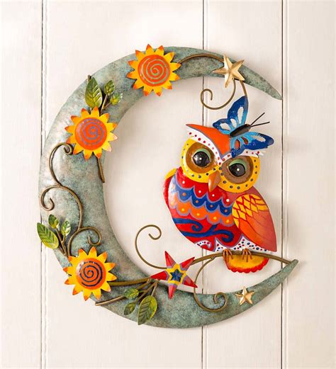 Handcrafted Colorful Owl On Moon Metal Wall Art Wind And Weather