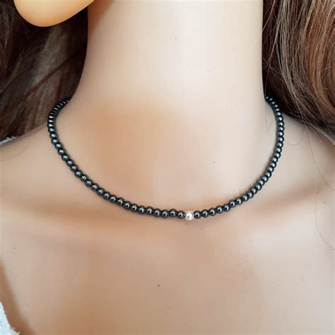 Black Hematite Choker Necklace Sterling Silver Tiny Black Gemstone Bead