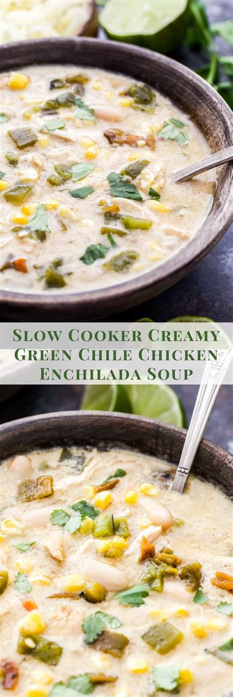 Slow Cooker Creamy Green Chile Chicken Enchilada Soup Recipe