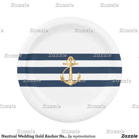 Nautical Wedding Gold Anchor Navy Stripes Paper Plates Zazzle