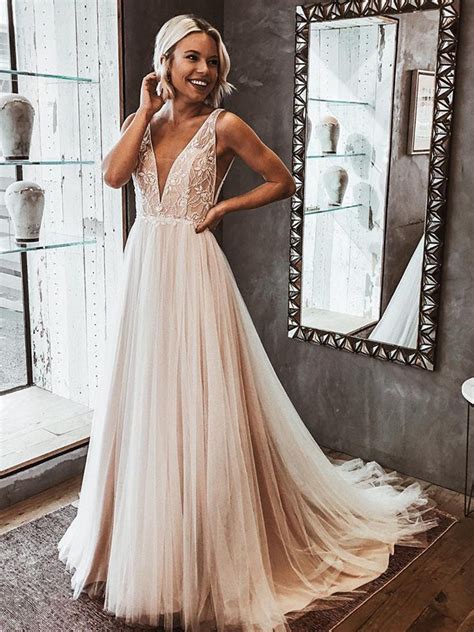 A Lineprincess Lace Ruffles V Neck Sleeveless Sweepbrush Train Wedding Dresses Hebeos