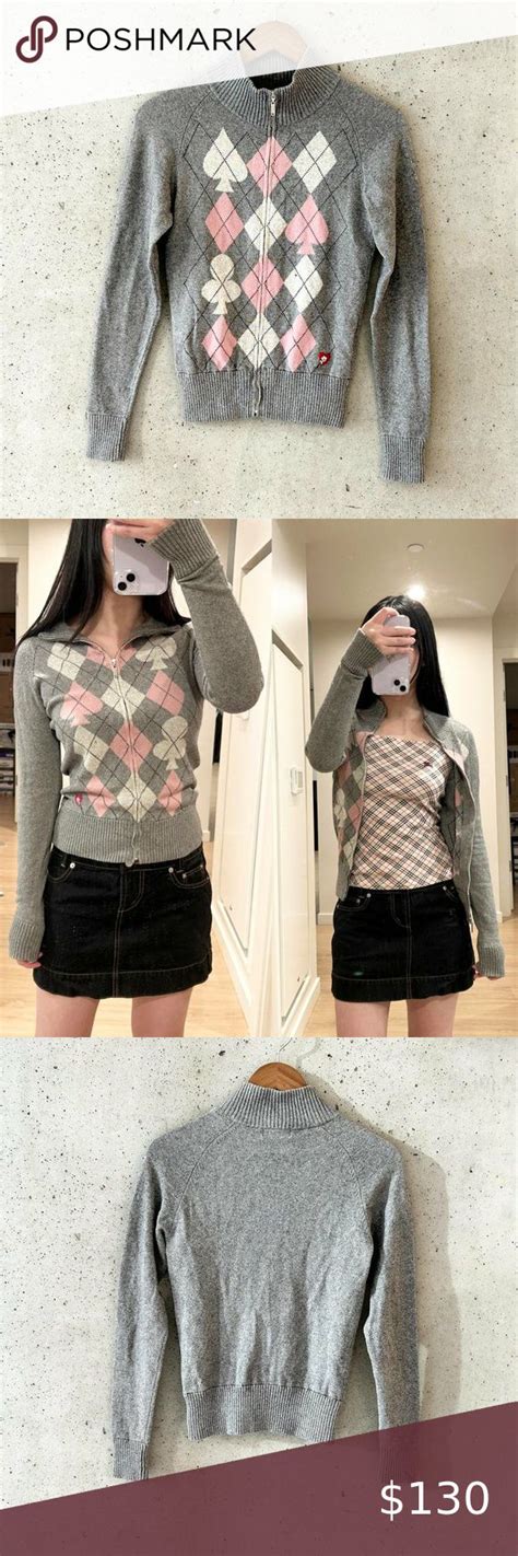 Hysteric Glamour Pink Grey Argyle Zip Up Cashmere Sweater Cashmere