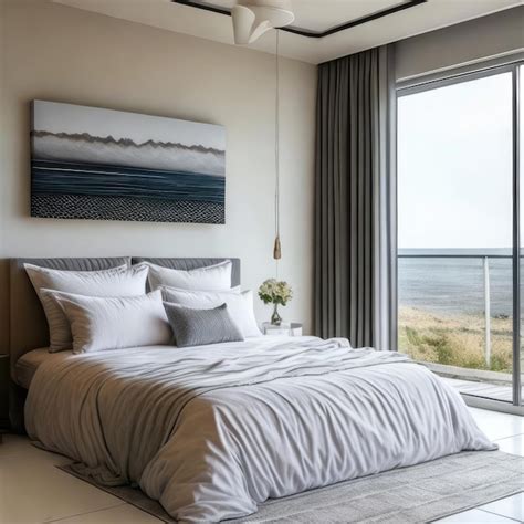 Premium AI Image | A bedroom with a view of the ocean and a painting on ...