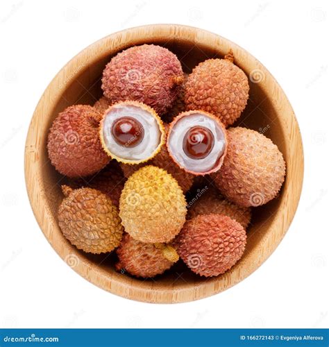 Fresh Lychee In Wooden Bowl Isolated On White Background Top View