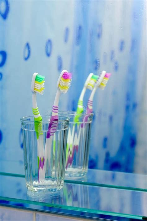 Two Toothbrushes In The Bathroom Stock Photo Image Of Medical Blue