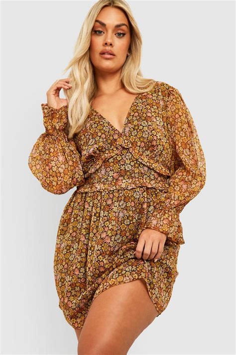 Plus Retro Floral Chiffon Smock Dress Boohoo Uk