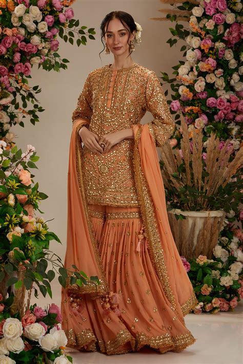 Buy Peach Kurta And Gharara Georgette Embroidered Gota Round Floral Set