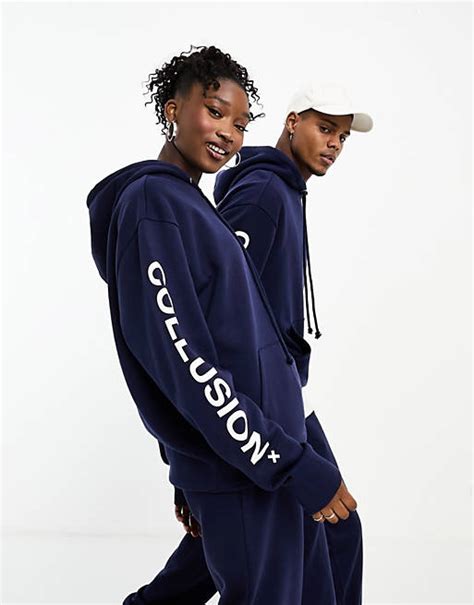 Collusion Unisex Sweat à Capuche Avec Logo Imprimé Bleu Marine Asos