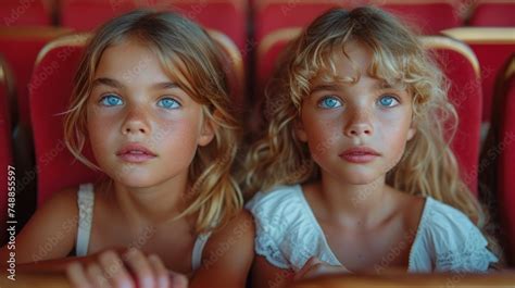 Two Young Girls With Blue Eyes Twins With Beautiful Blue Eyes