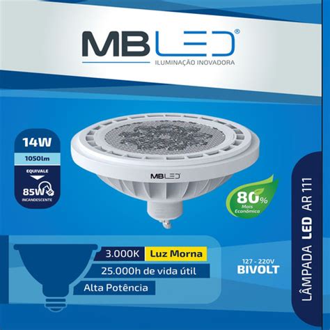 Lâmpada Dicróica Ar111 Led Gu10 14w Biv 3000k Luz Amarela R 44 00 em