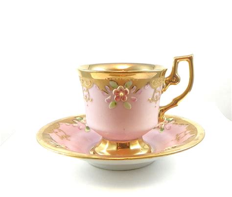 Vintage Demitasse Cup And Saucer Gold Pink Flowers Tea Cups Tea Cups