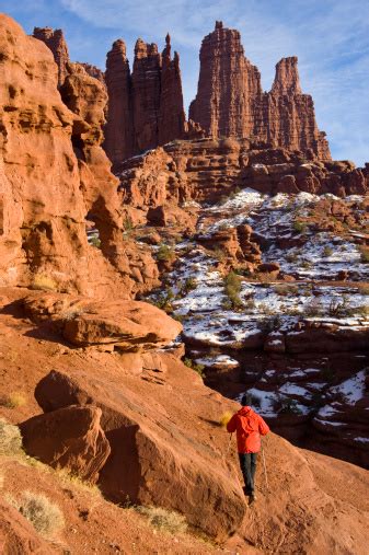 Man Hiking In Fisher Towers Moab Utah Stock Photo Download Image Now