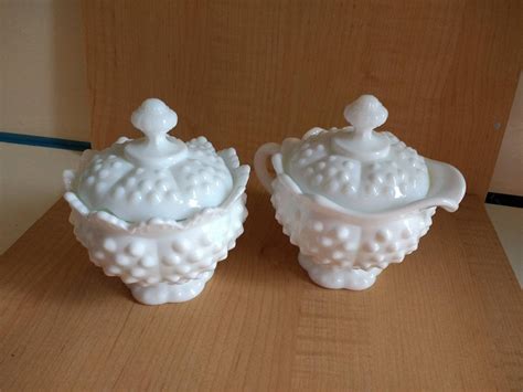 Vintage Fenton Creamer And Sugar Bowl In Milk Glass Hobnail Etsy Sugar Bowl Creamer