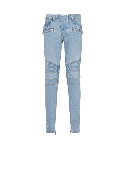 Light Blue Denim Biker Jeans Blue Men Balmain