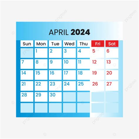 Calendario Mensile Aprile 2024 Vettore Calendario 2024 Aprile