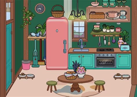 A Cartoon Kitchen With Green Walls And Pink Refrigerator