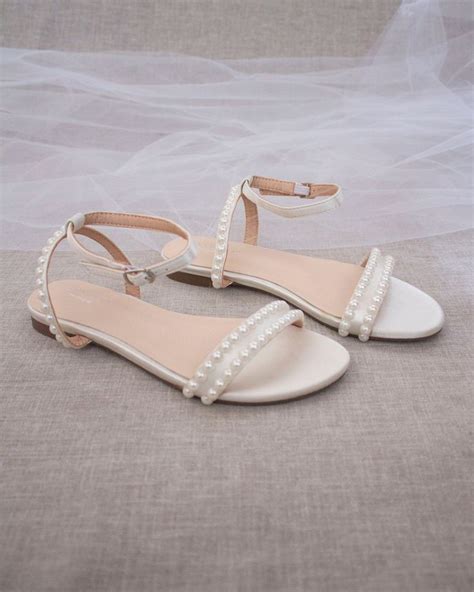 Satin Flat Sandal With Pearls And Ankle Strap White Bridal Shoes