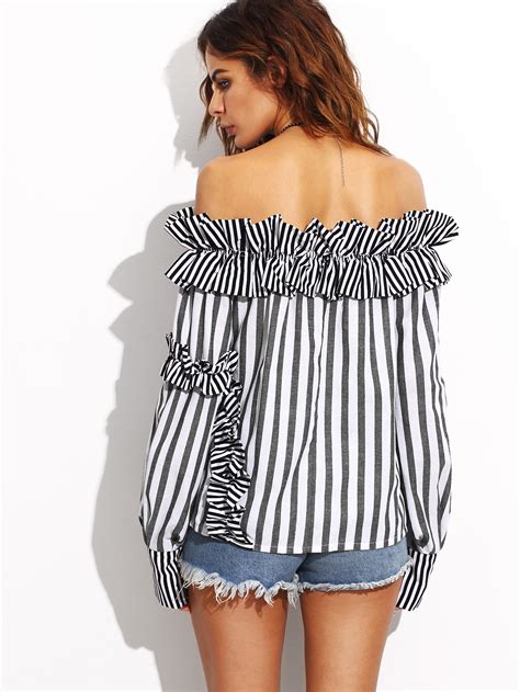 Off Shoulder Striped Frill Trim Top Shein Sheinside