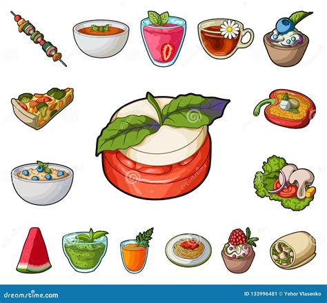 Vegetarian Dish Cartoon Icons In Set Collection For Design Vegetable