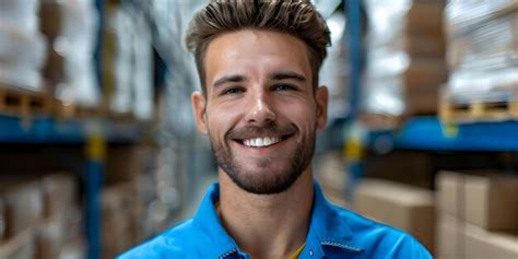 Cheerful Male Warehouse Worker In Uniform Posing For Portrait Concept