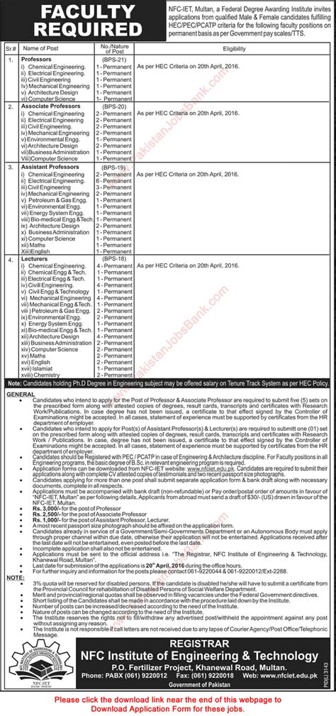 Nfc Iet Multan Jobs April Application Form Teaching Faculty Latest