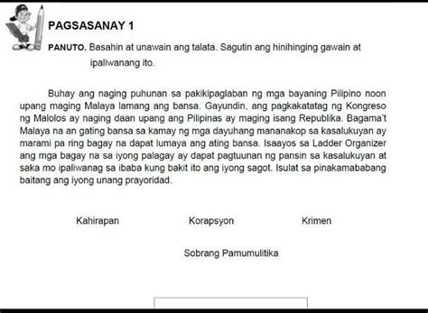 PAGSASANAY 1 PANUTO Basahin At Unawain Ang Talata Sagutin Ang