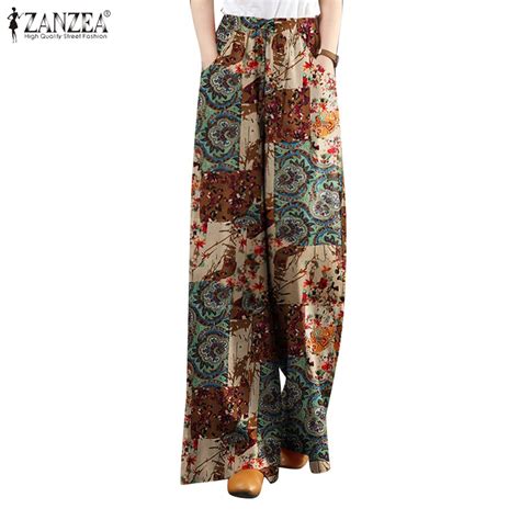 Zanzea Women Printed Cotton Linen Loose Wide Leg High Waist Straight