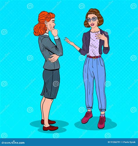 Two Women Talking In Office Business Meeting Pop Art Illustration