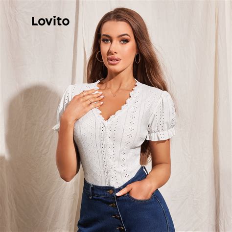 Camiseta De Renda Em V Lovito Elegante Lovito Elegante Manga Curta Lisa