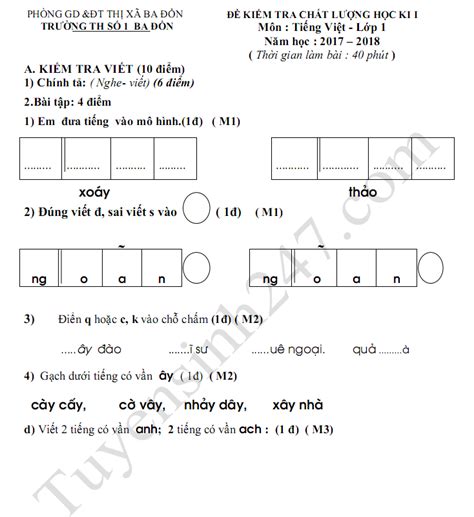 Đề kiểm tra học kì 1 lớp 1 môn Tiếng Việt TH Số 1 Ba Đồn 2017