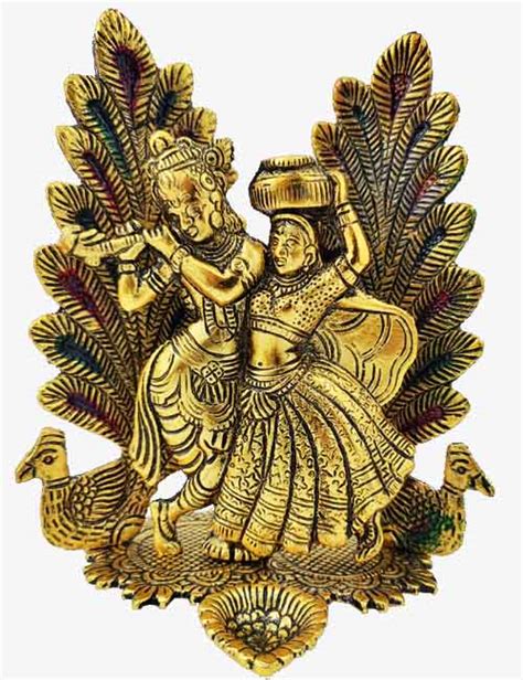 Golden Metal Radha Krishna Peacock Feather Beautiful Decorative