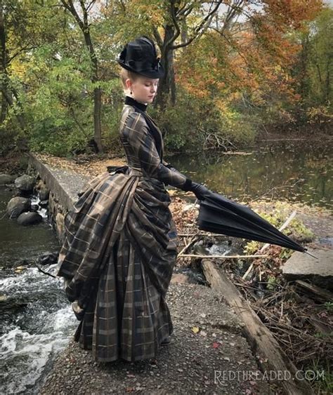 Autumnal 1880 S Bustle Gown In Brown And Black Plaid Silk Taffeta