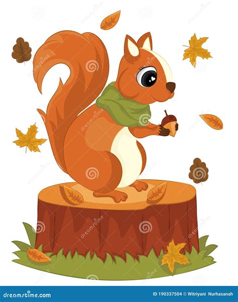 Cute Squirrel With Acorns Stump Foliage Hello Autumn Vector