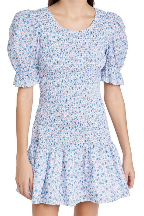 Puff Sleeve Ditsy Floral Smocked Summer Mini Dress Blue