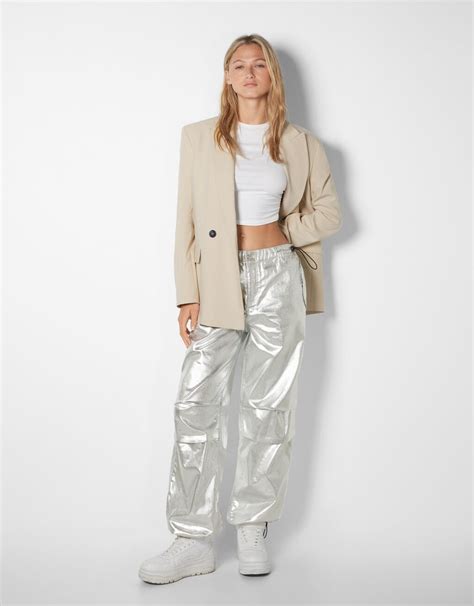 Straight Fit Parachute Jeans With Metallic Detail Woman Bershka