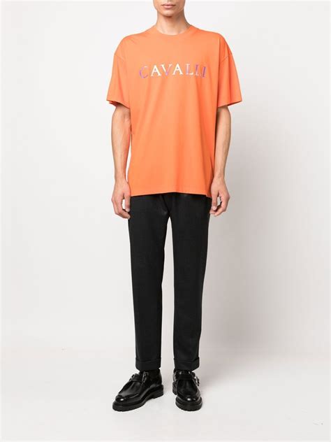 Roberto Cavalli Logo Print Cotton T Shirt In Orange Modesens