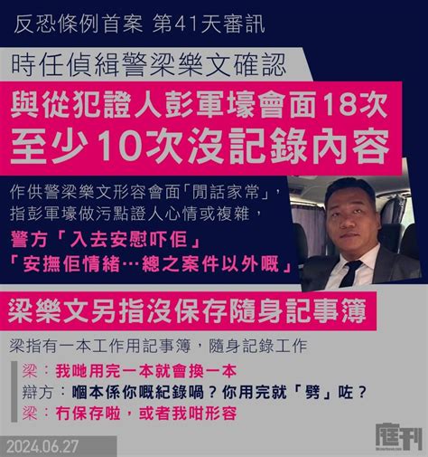 《反恐條例》首案 第41天｜時任偵緝警員作供確認 與從犯證人彭軍壕會面18次 至少10次沒在警員記事冊記錄內容 隨身記事簿也沒保存「用完一本就